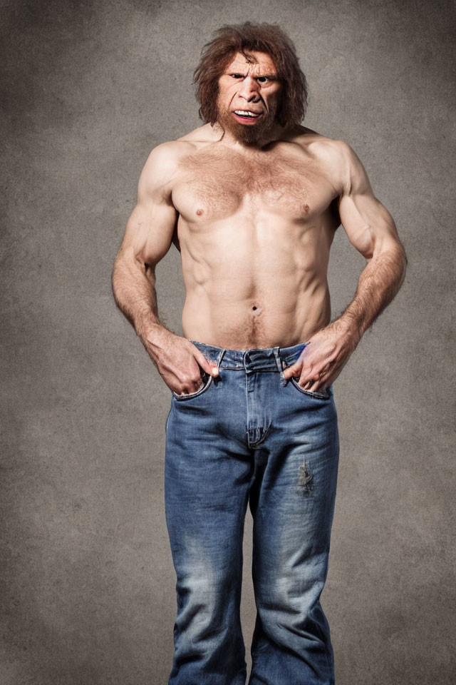 Muscular person in jeans with intense ape mask expression