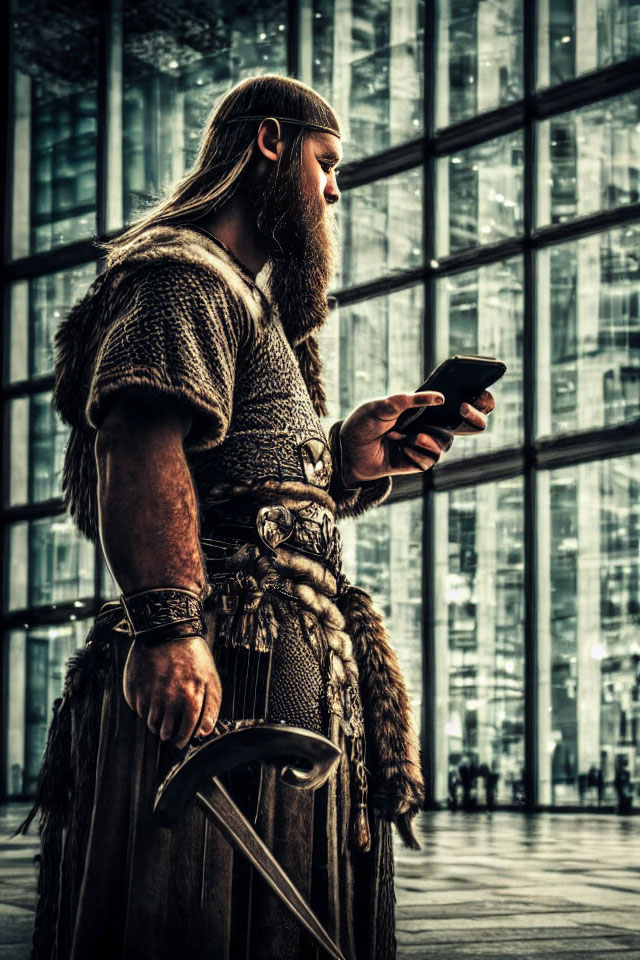 Viking-inspired costume person with smartphone in front of glass building