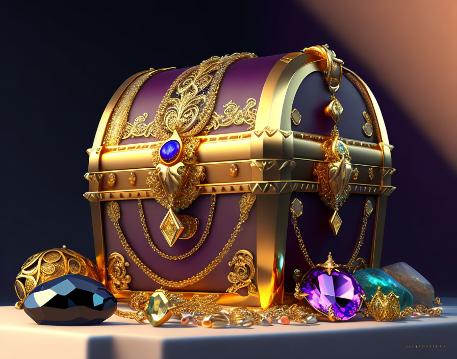 Decorative treasure chest with gold filigree and gemstones on dark background