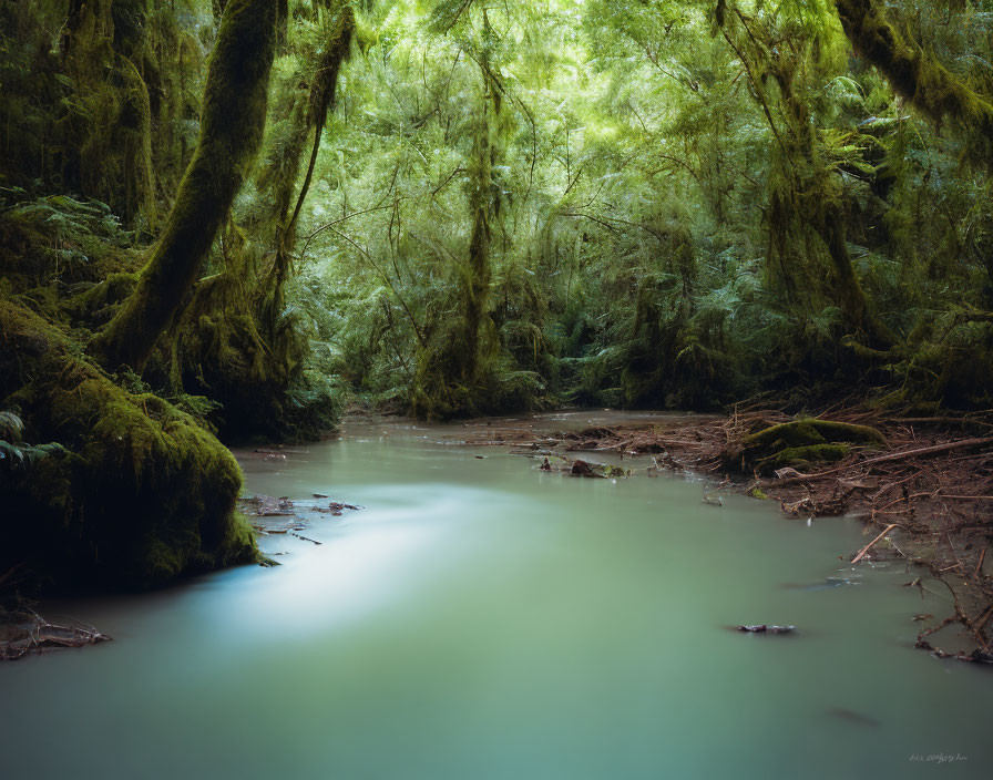 Tranquil stream in mossy forest with dappled sunlight