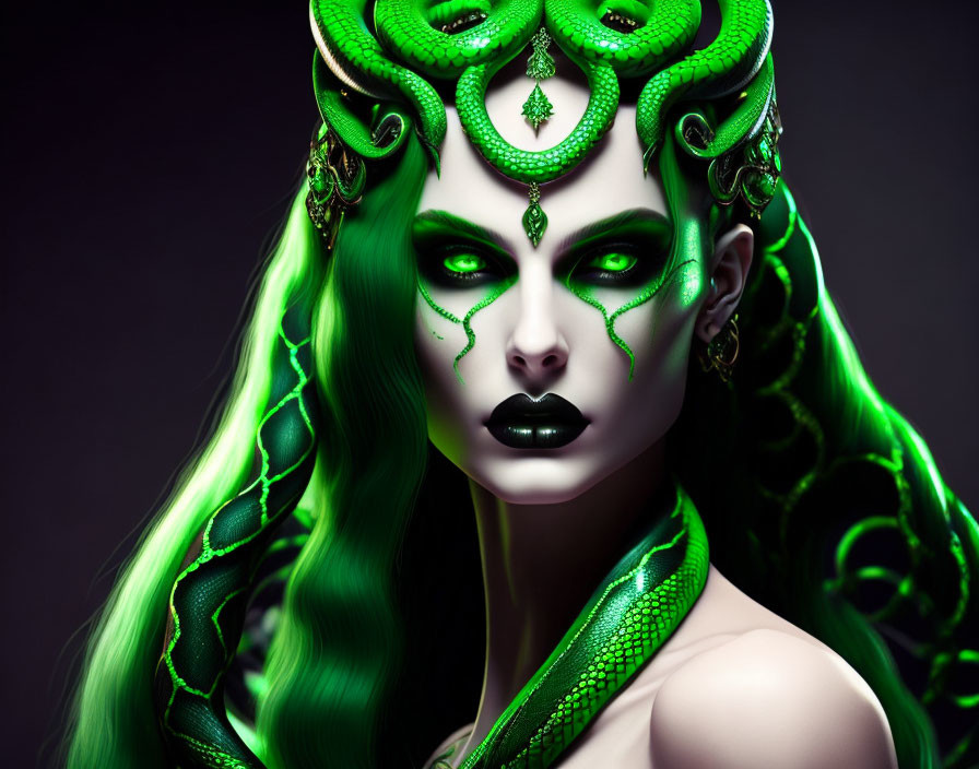 Fantasy portrait of woman with green hair, serpentine headdress & mystical makeup