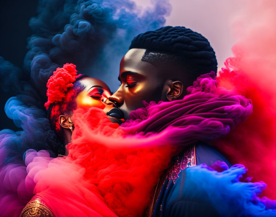 Vibrant makeup and colorful smoke create romantic atmosphere.