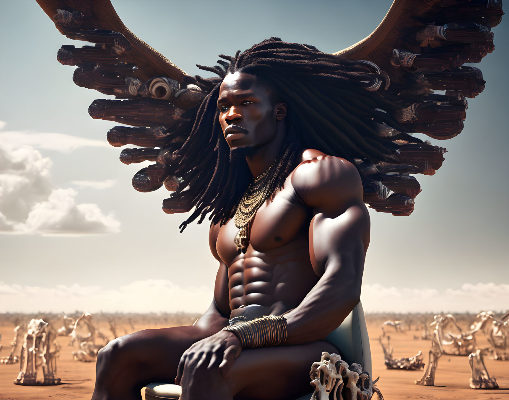 Muscular man with dreadlocks under wooden structure in desert landscape