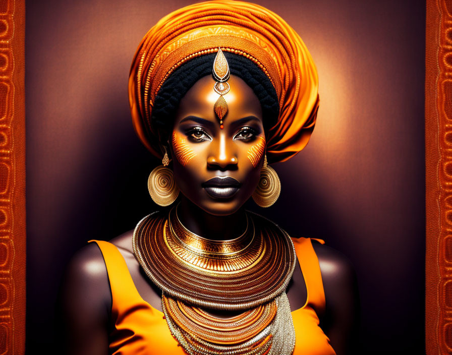 Woman in Orange Head Wrap and Dress with Golden Jewelry on Warm Background