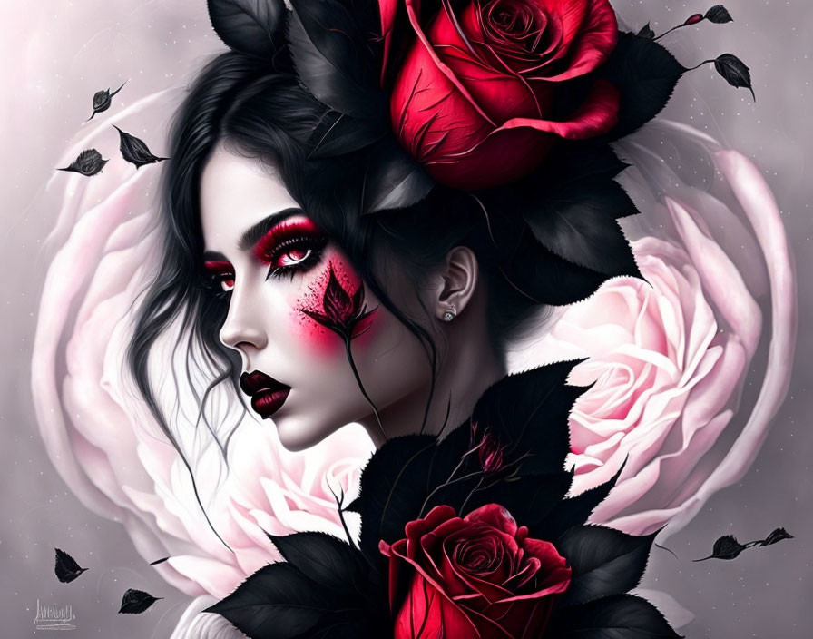 Dark-haired woman with red eye makeup and roses in a gothic-romantic fusion