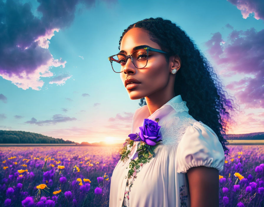 Woman in glasses in purple flower field at sunset wearing white blouse with ruffled collar