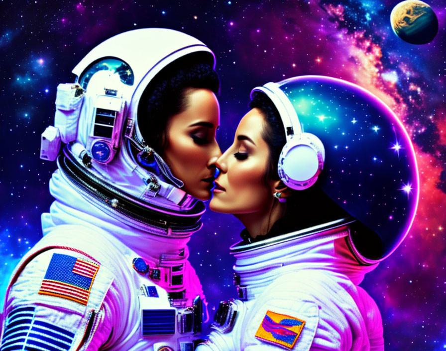 Astronauts in space suits about to kiss in cosmic setting