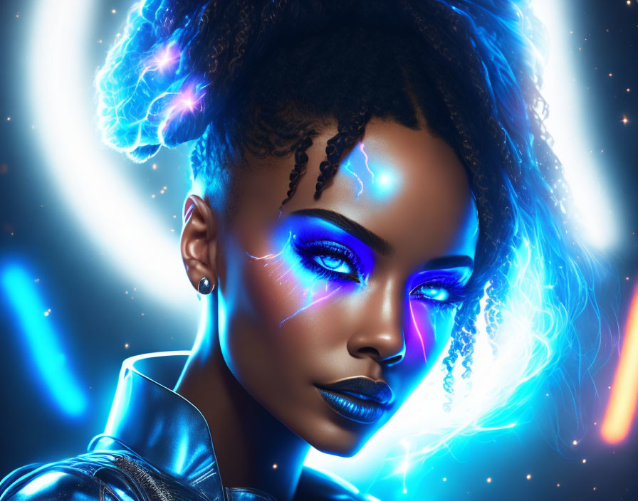 Digital artwork: Woman with vibrant blue makeup in cosmic setting