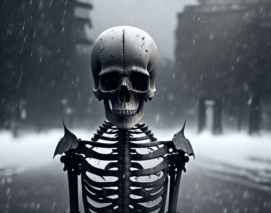 Metallic skull and ribcage sculpture in bat-like style under falling snow against city backdrop.