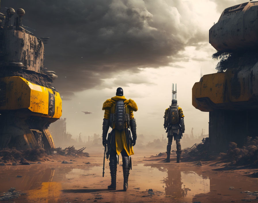 Futuristic armor-clad figures and giant mechs in war-torn landscape