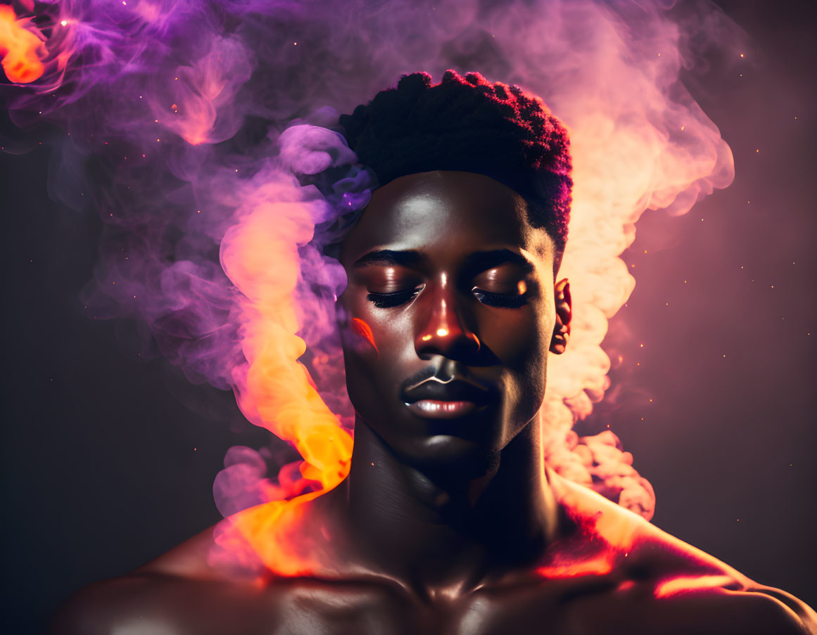 Man in Serene Pose Surrounded by Purple and Red Smoke on Dark Background