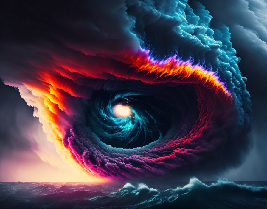 Swirling blue, purple, and orange vortex over stormy ocean landscape