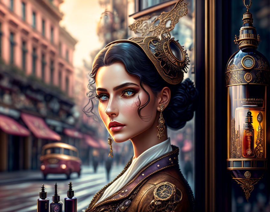 Digital artwork: Woman with blue eyes, gold jewelry, elegant attire, in vintage city setting