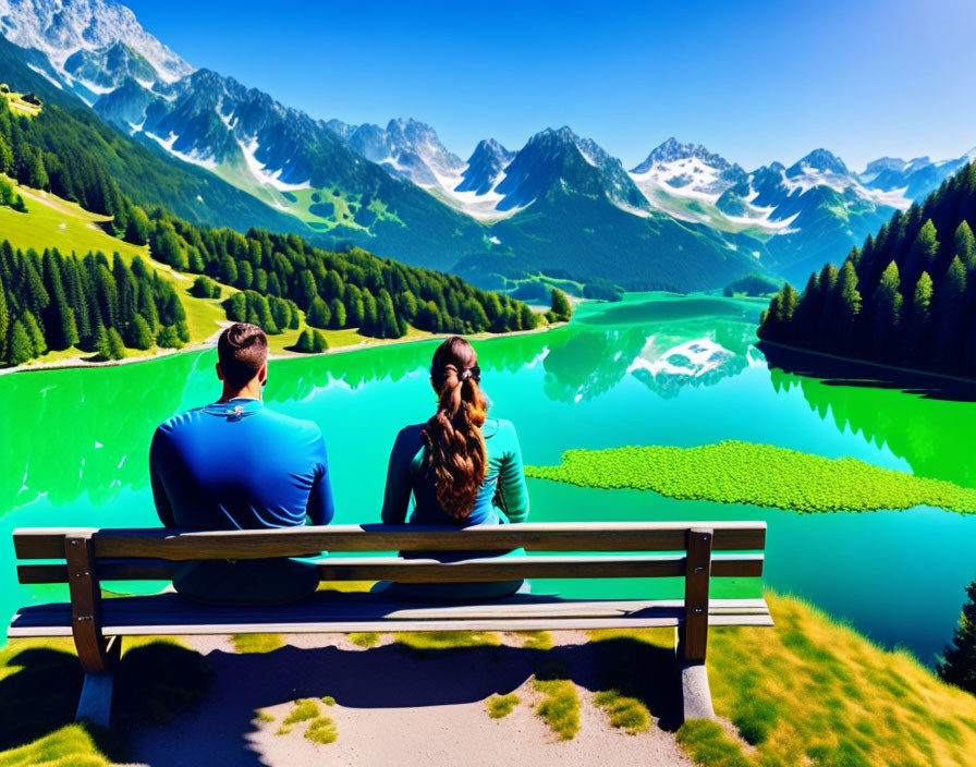 Scenic mountain lake view with two people on bench