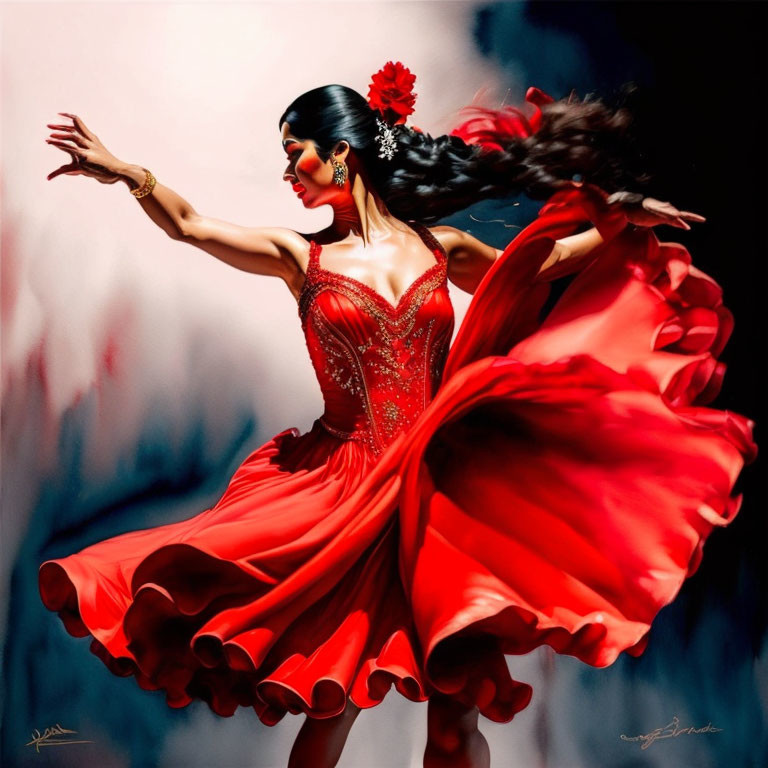 Colorful Flamenco Dancer in Red Dress with Flower