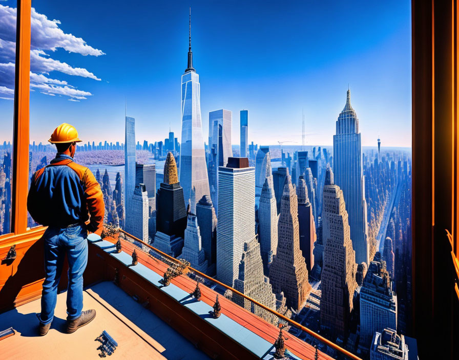 Construction worker in hard hat admiring city skyline view from high vantage point