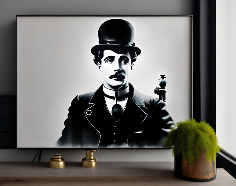 Monochrome portrait of film character with bowler hat and mustache on monitor surrounded by decor