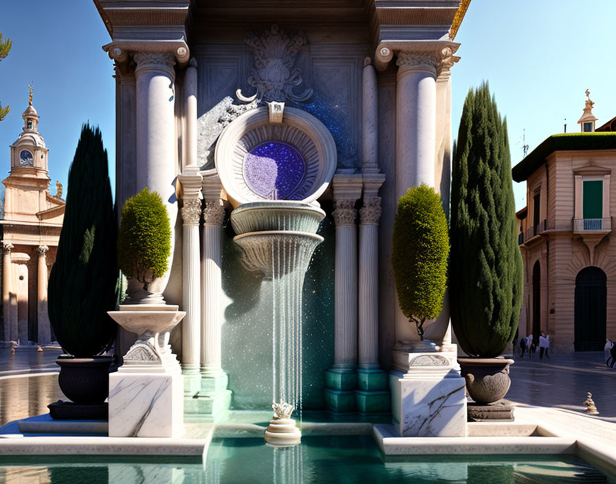 Elegant fountain with cascading water and blue mosaic, surrounded by manicured trees under clear sky