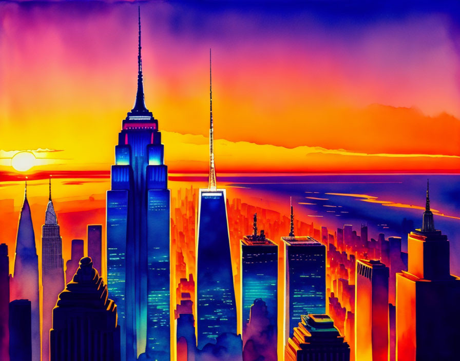 Colorful city skyline illustration at sunset with silhouetted skyscrapers against orange sky