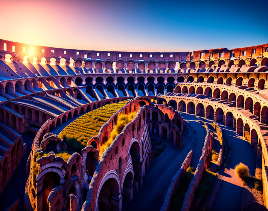 Panoramic sunset view of Colosseum with arched corridors and vibrant sky