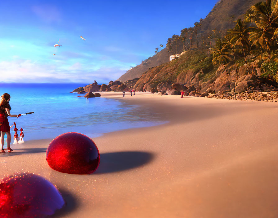 Tranquil Beach Sunset Scene with Christmas Ornaments and People