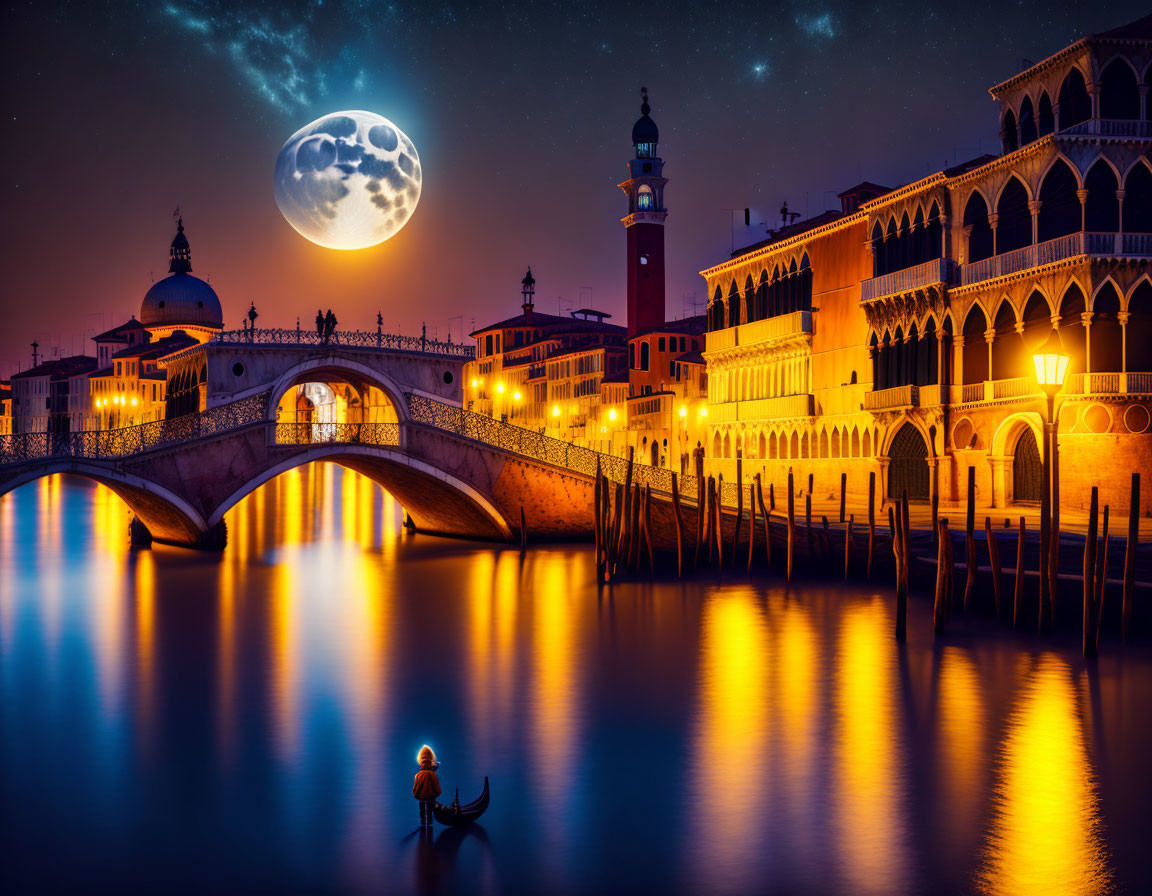 Full Moon Night Scene in Venice with Gondola and Historic Buildings