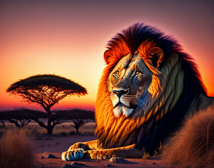 Majestic lion with vibrant mane under orange sky near acacia tree in savannah.