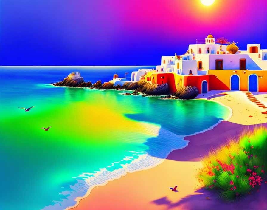 Rainbow-colored beachscape with white building and bell tower by luminous sea