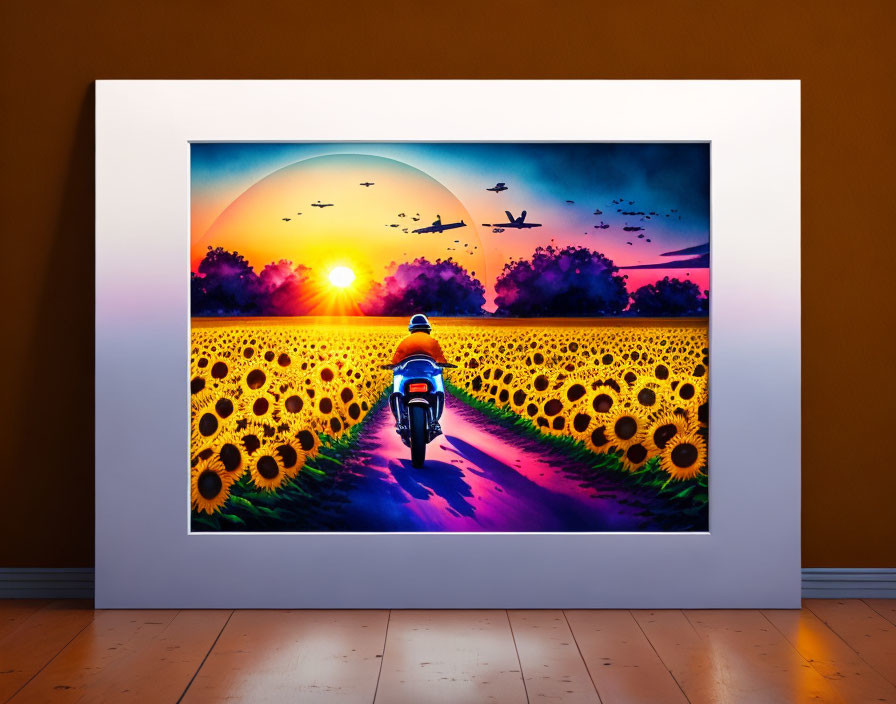 Colorful sunset scene with person on motorcycle in sunflower field