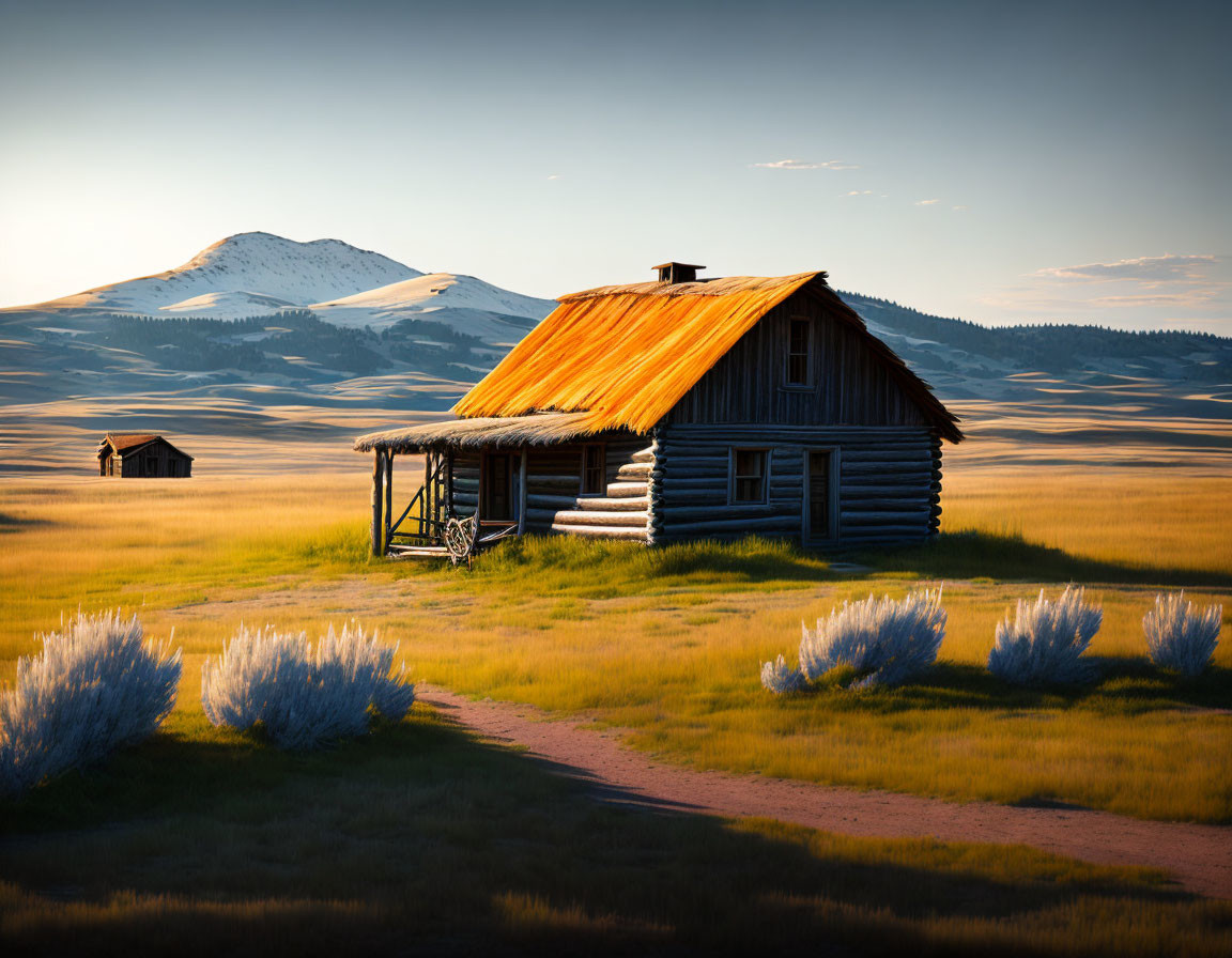 Rustic log cabin with rusted roof in grassy plains and mountains.