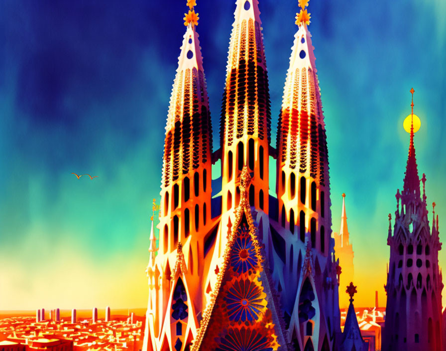 Colorful Sagrada Família Illustration with Intricate Gothic Architecture