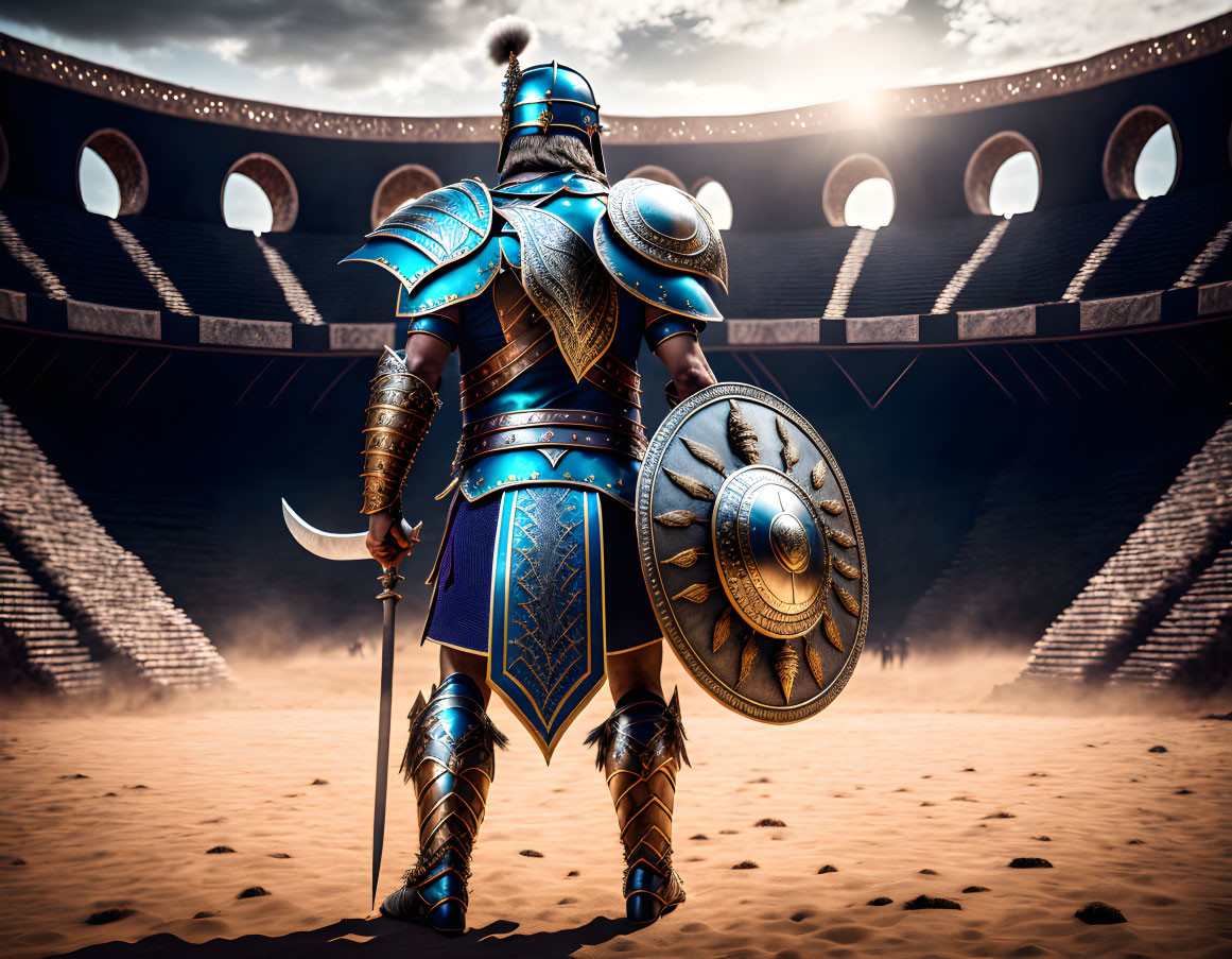 Armored gladiator with crescent blade and shield in dramatic arena setting