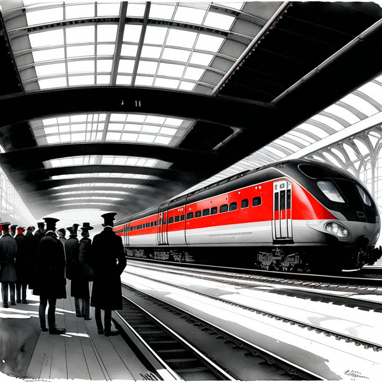 Red and Black Modern Train Arriving at Sunlit Station