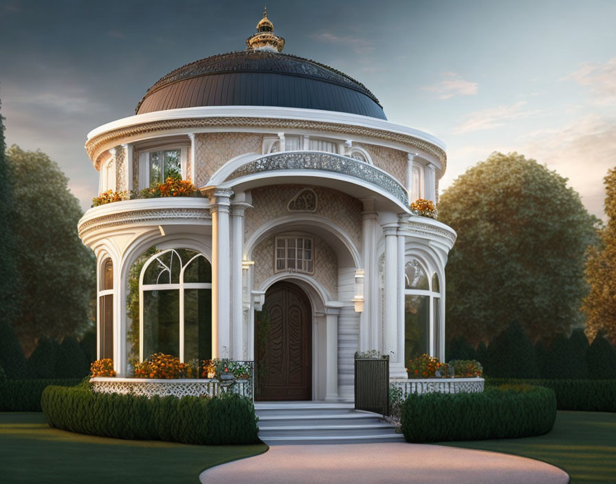 Small White Villa with Dome in Manicured Gardens at Twilight