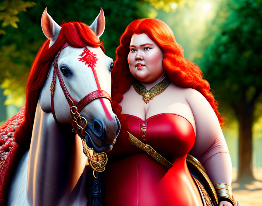 Red-haired woman in medieval attire with golden necklace beside white horse with red feather emblem