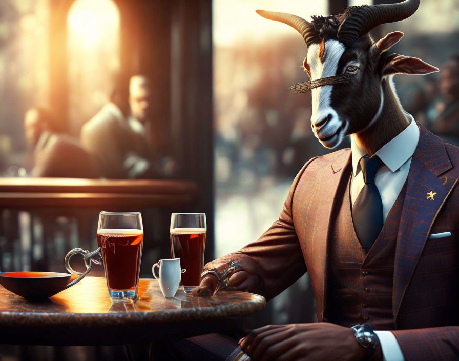 Anthropomorphic goat in suit at cafe table with tea on sunny day