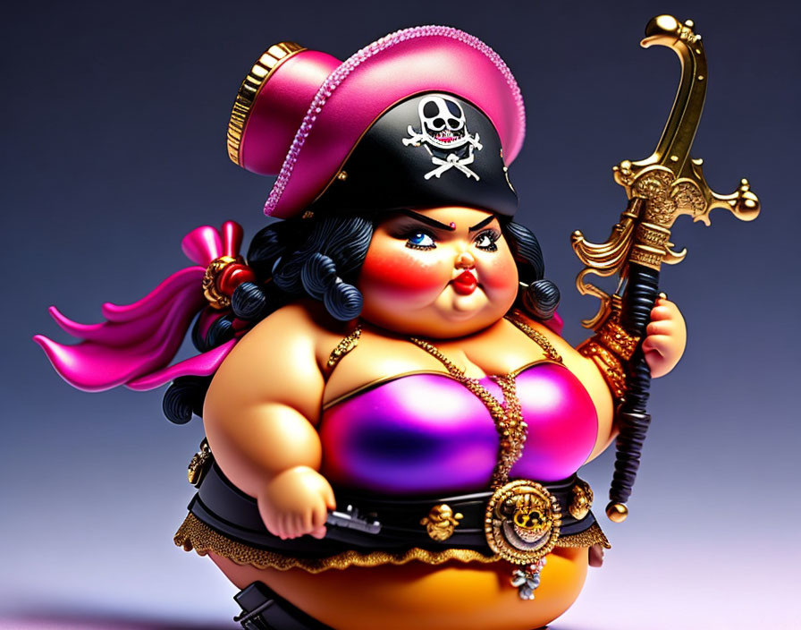 Voluptuous female pirate figurine with pink hat and ornate sword