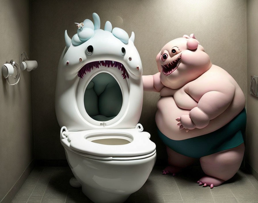 Surprised character with monster toilet in bathroom