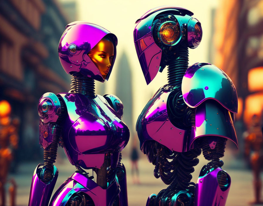 Two Purple Humanoid Robots Standing Together in Urban Sunset Setting