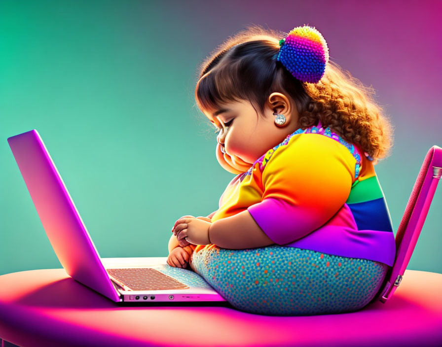 Colorful Outfit Toddler Looking at Laptop on Pink Table