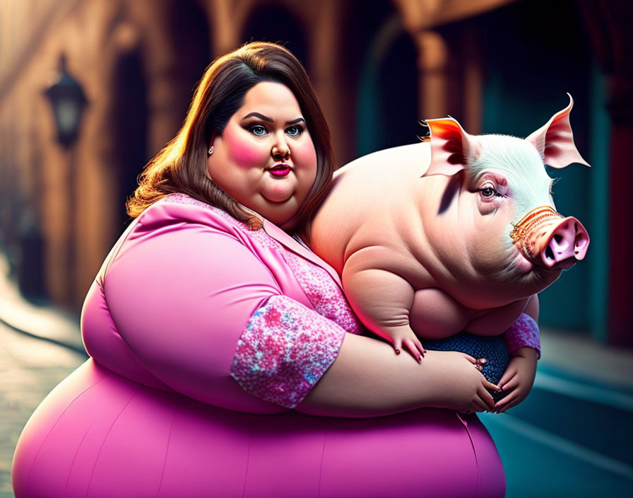 Exaggerated woman and pig in city alleyway scene