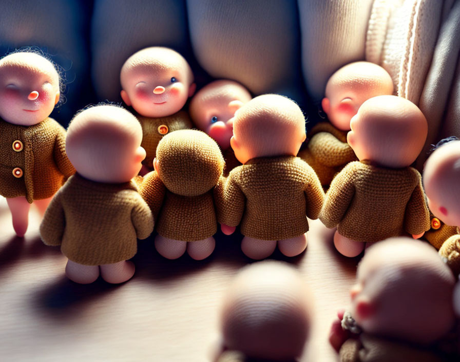 Chubby Baby Figurines in Matching Knit Outfits Standing Together