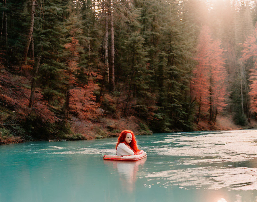 Red-haired person in small boat on tranquil turquoise river amidst autumn forest