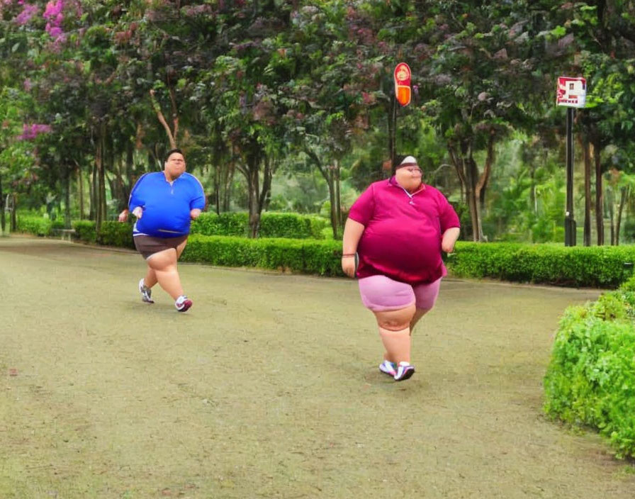 Two joggers on park pathway with greenery and traffic signs.