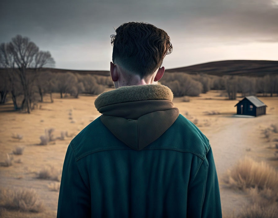 Person in Green Shearling Jacket overlooking Barren Landscape