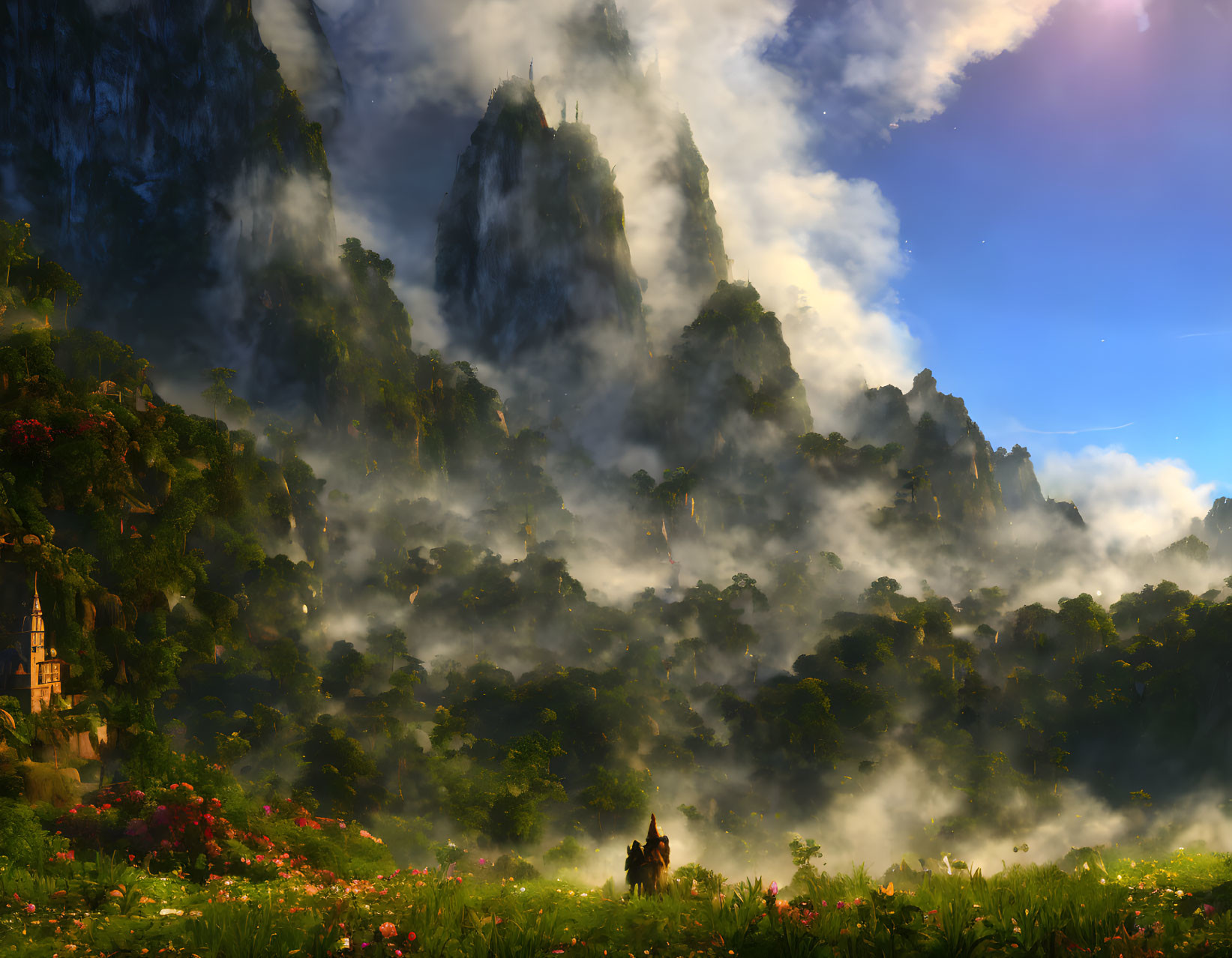 Misty cliffs, meadow, figure on horseback near tower in fantasy landscape