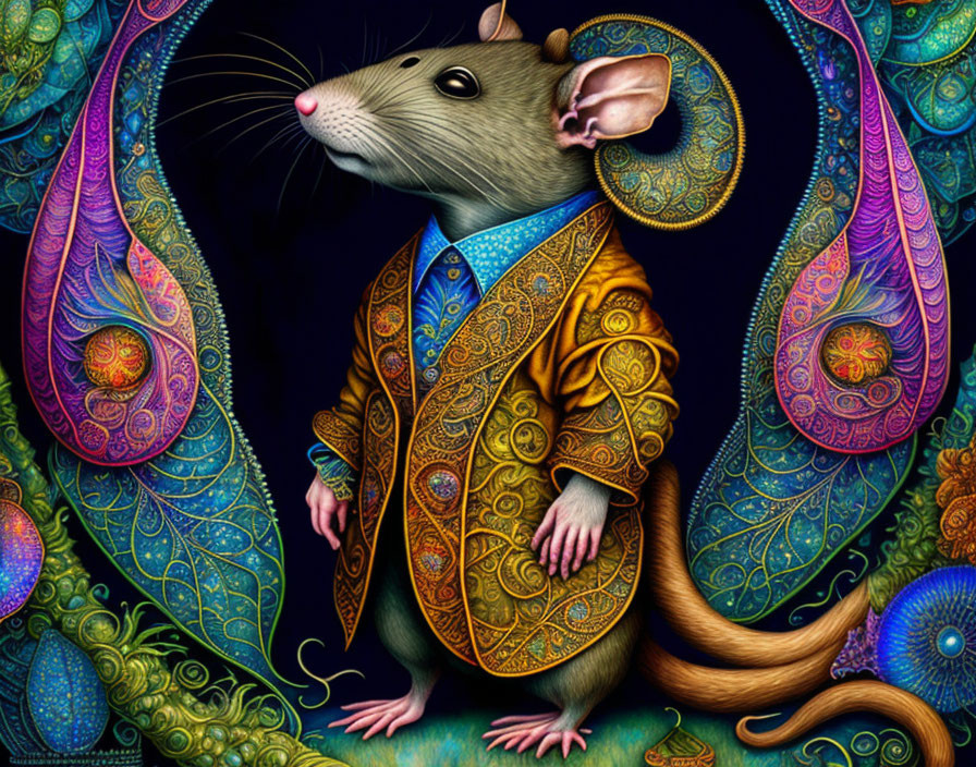 Detailed Anthropomorphic Rat Illustration in Colorful Jacket on Paisley Background