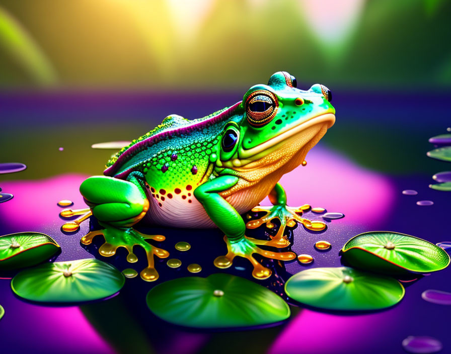 Colorful digital illustration: Frog on lily pad with purple and green backdrop