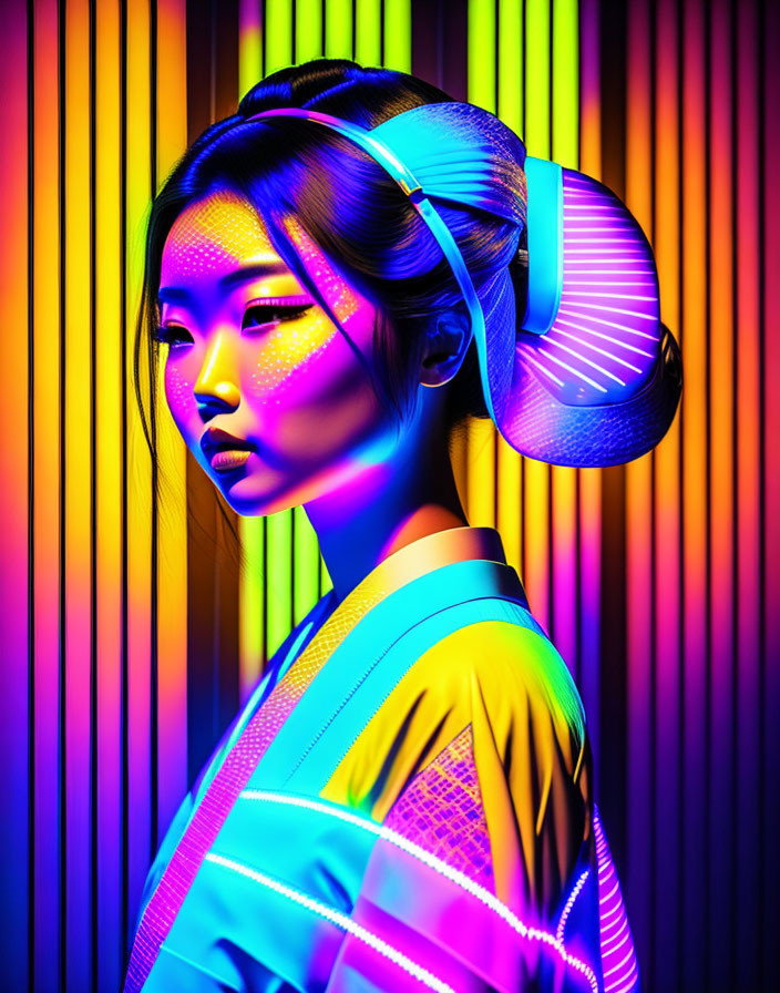 Vibrant portrait of a woman with neon lighting and mix of traditional & futuristic styles