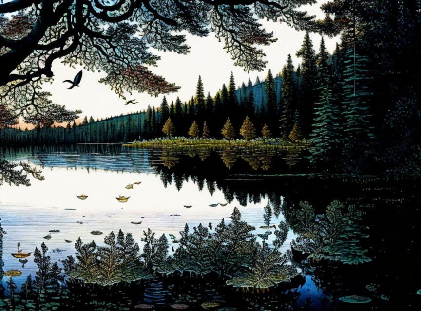 Tranquil dusk scene of a forest lake with reflecting trees, birds, and lily pads